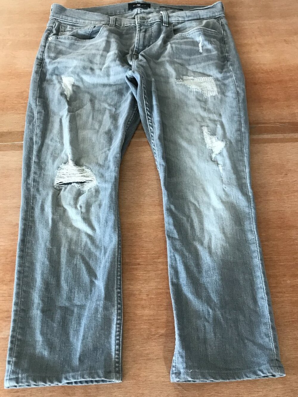 7 For All Mankind Slimmy Tapered Jeans Men 34x25 Gray Distressed Mid Rise Preppy